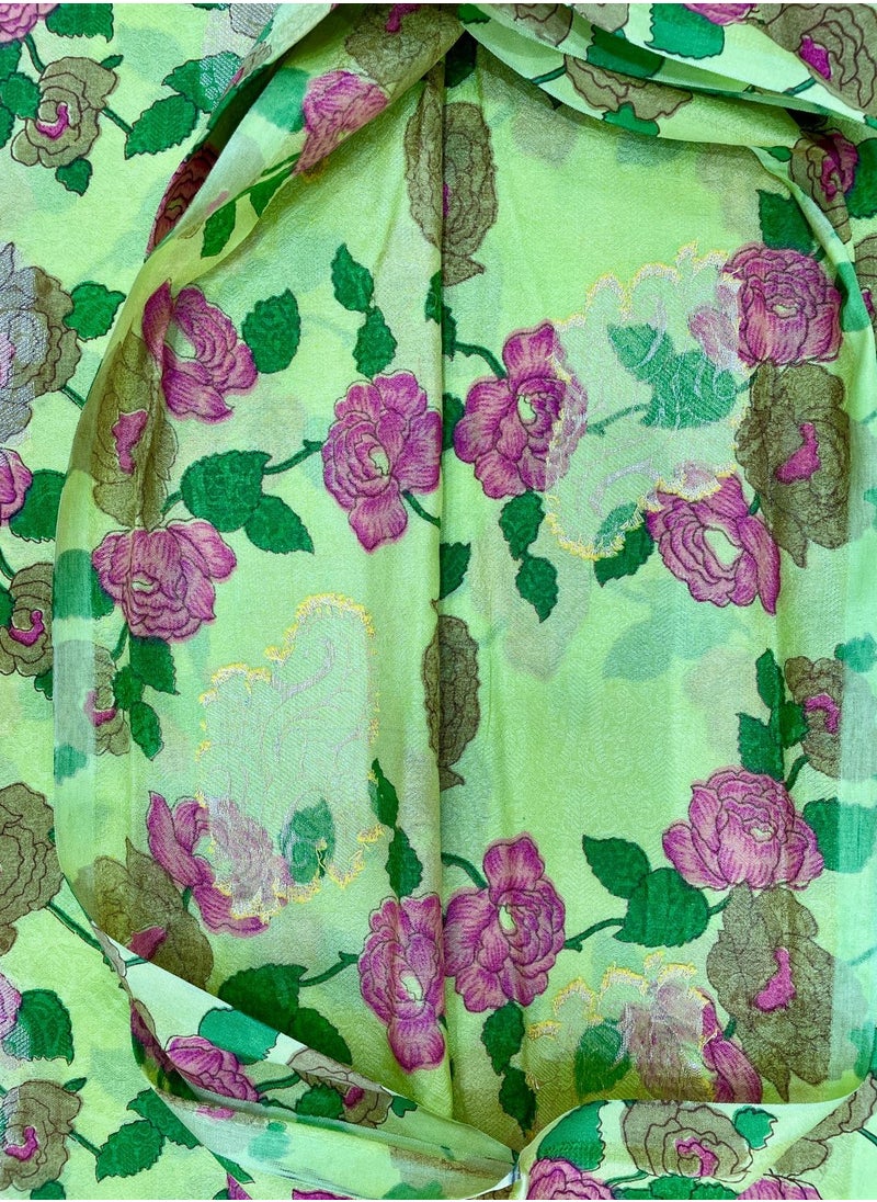 ANOHI TEXTILES - Banarasi Saree Silk Fabric Printed Flower Design Light Yellow Color - Image 1