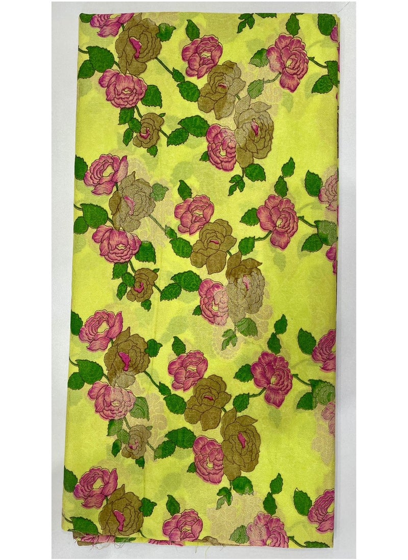 ANOHI TEXTILES - Banarasi Saree Silk Fabric Printed Flower Design Light Yellow Color - Image 1