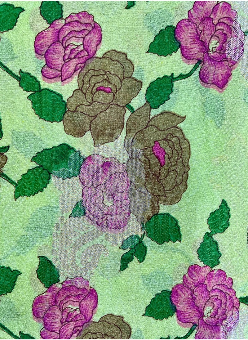 ANOHI TEXTILES - Banarasi Saree Silk Fabric Printed Flower Design Light Yellow Color - Image 1