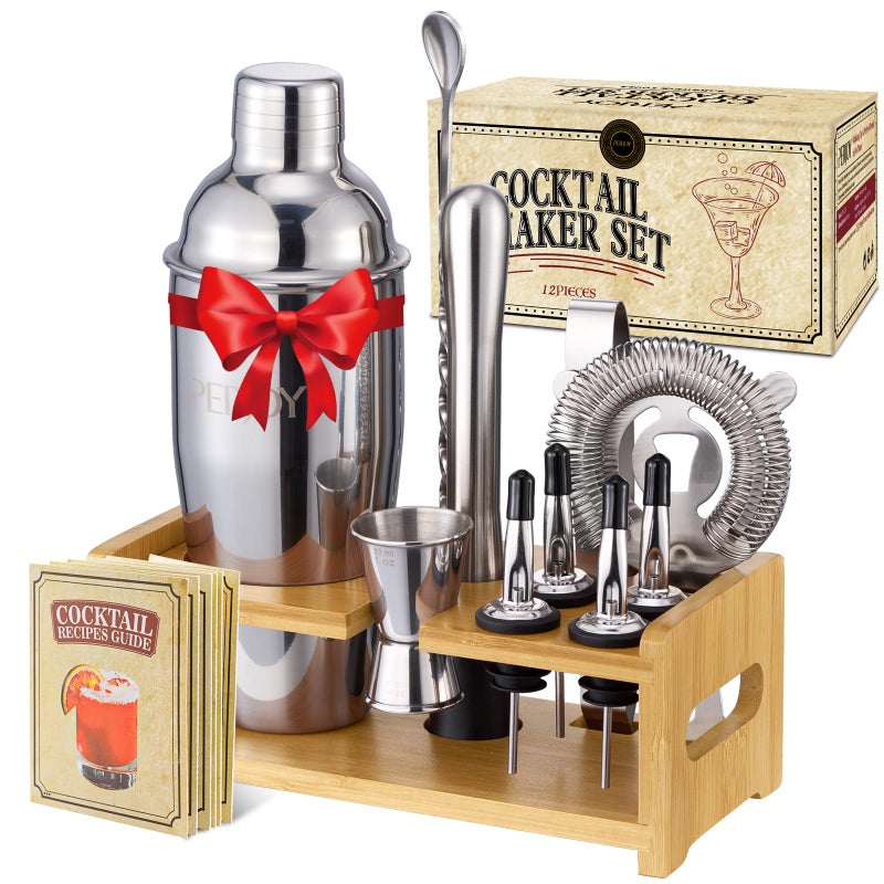 Perjoy Cocktail Shaker Bartender Kit12 Piece Cocktail Shaker Set with Stand Stainless Steel Bar Set Tools Drink Mixer Set with Martini ShakerStrainerJiggerBar SpoonMuddler Gift for Men DadHim