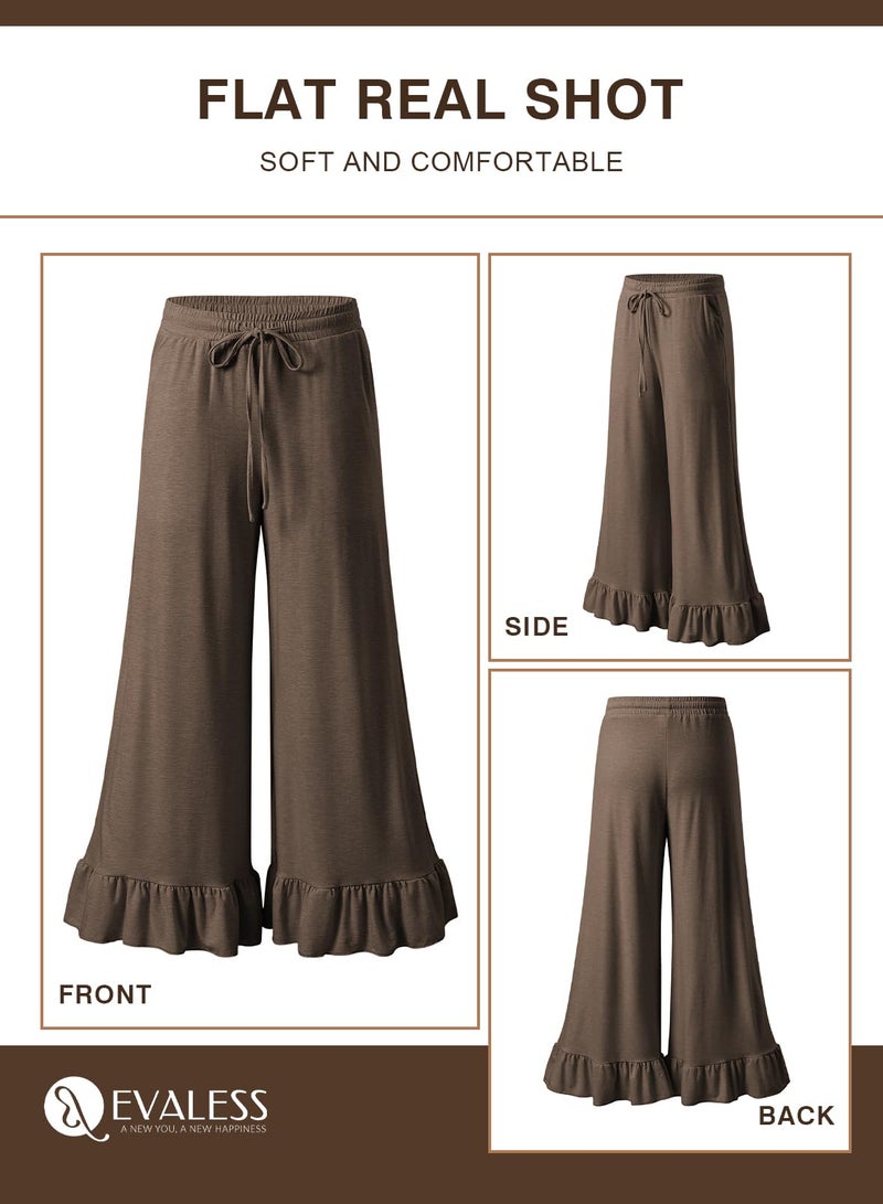 EVALESS Womens Palazzo Pants Elastic High Waisted Wide Leg Ruffle Hem Trousers 2026 Summer Trendy Work Casual Beach Vacation Baggy Pants with Pockets Brown Large - Image 5