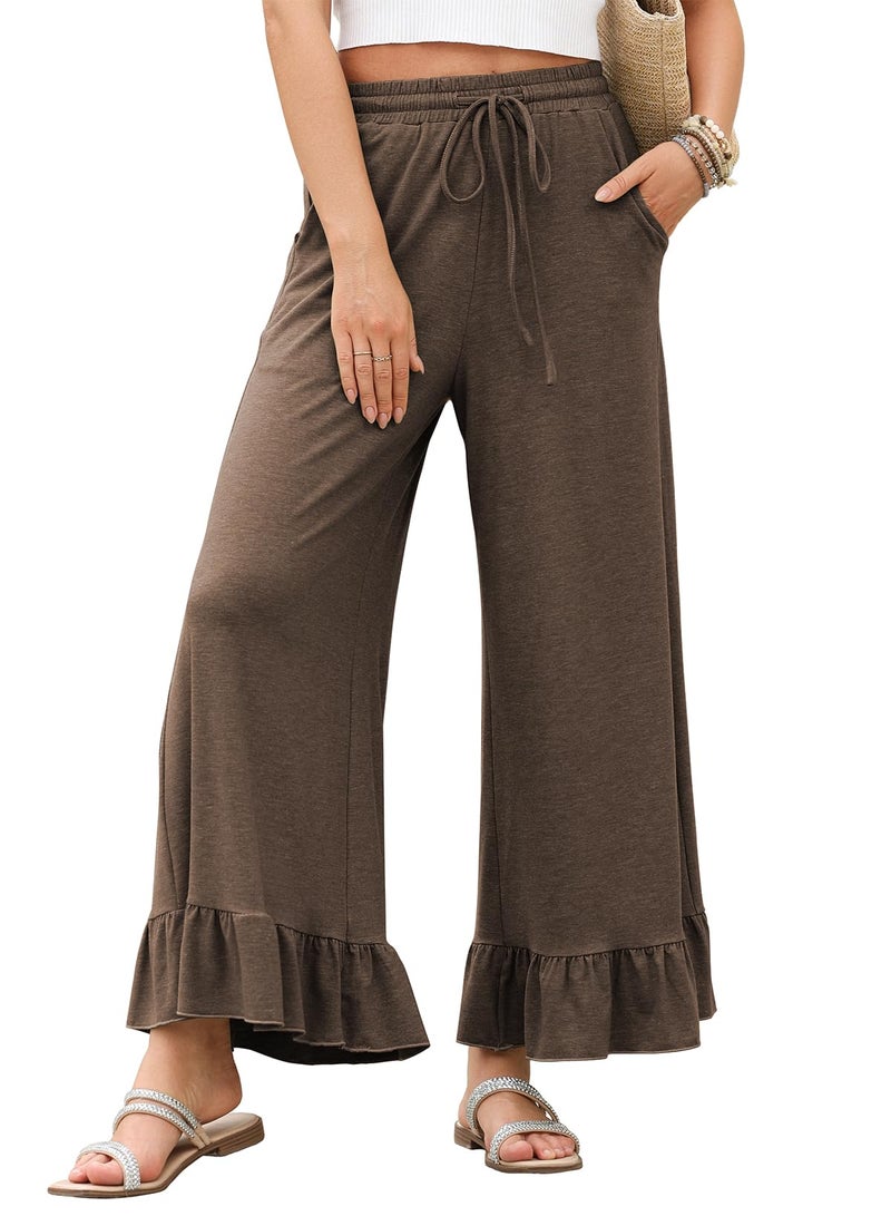 EVALESS Womens Palazzo Pants Elastic High Waisted Wide Leg Ruffle Hem Trousers 2026 Summer Trendy Work Casual Beach Vacation Baggy Pants with Pockets Brown Large - Image 1