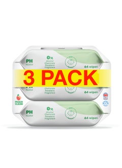 Peach Clean Baby Wipes 64 wipes x 3 Packs - Cleansing Water Wet Wipes for Babies & Adults - 99.9% Purified Multi Purpose Aqua Wipes - Ideal for Sensitive Skin & Gentle Baby Care  - Image 1