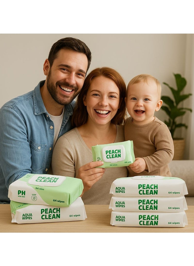 Peach Clean - Baby Wipes 64 wipes x 3 Packs - Cleansing Water Wet Wipes for Babies & Adults - 99.9% Purified Multi Purpose Aqua Wipes - Ideal for Sensitive Skin & Gentle Baby Care - Image 1