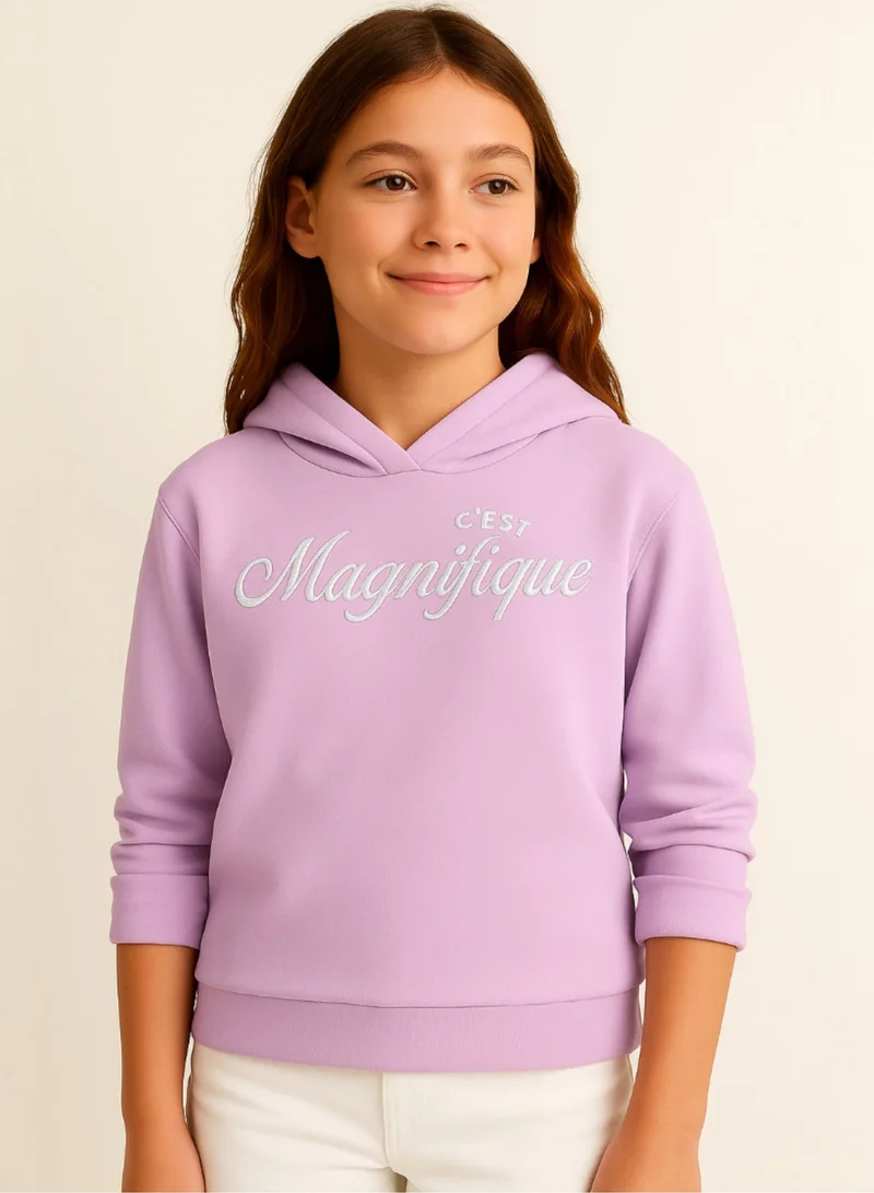 victor and jane “C'est Magnifique” Graphic Hoodie for Girls – Blush Pink | 100% Cotton Fleece |
