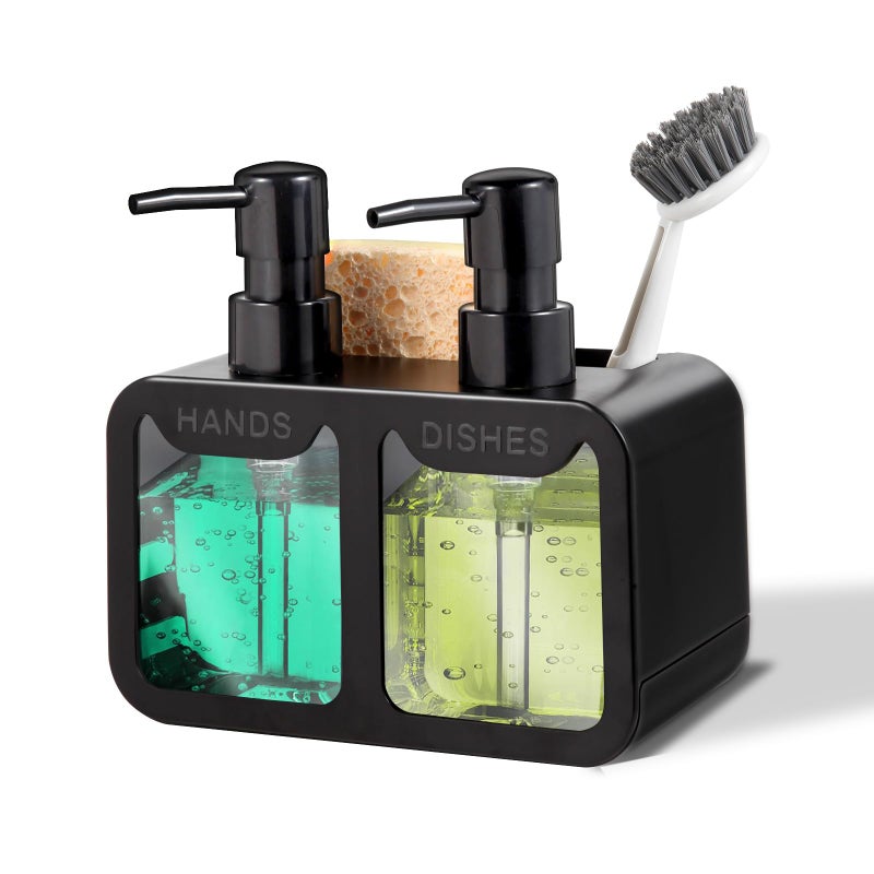 Kitchen Soap Dispenser Set with Hand and Dish Soap Sponge Caddy and Brush Holder 4in1 Kitchen Dual Soap Dispenser Set for Kitchen Sink Bathroom  Black