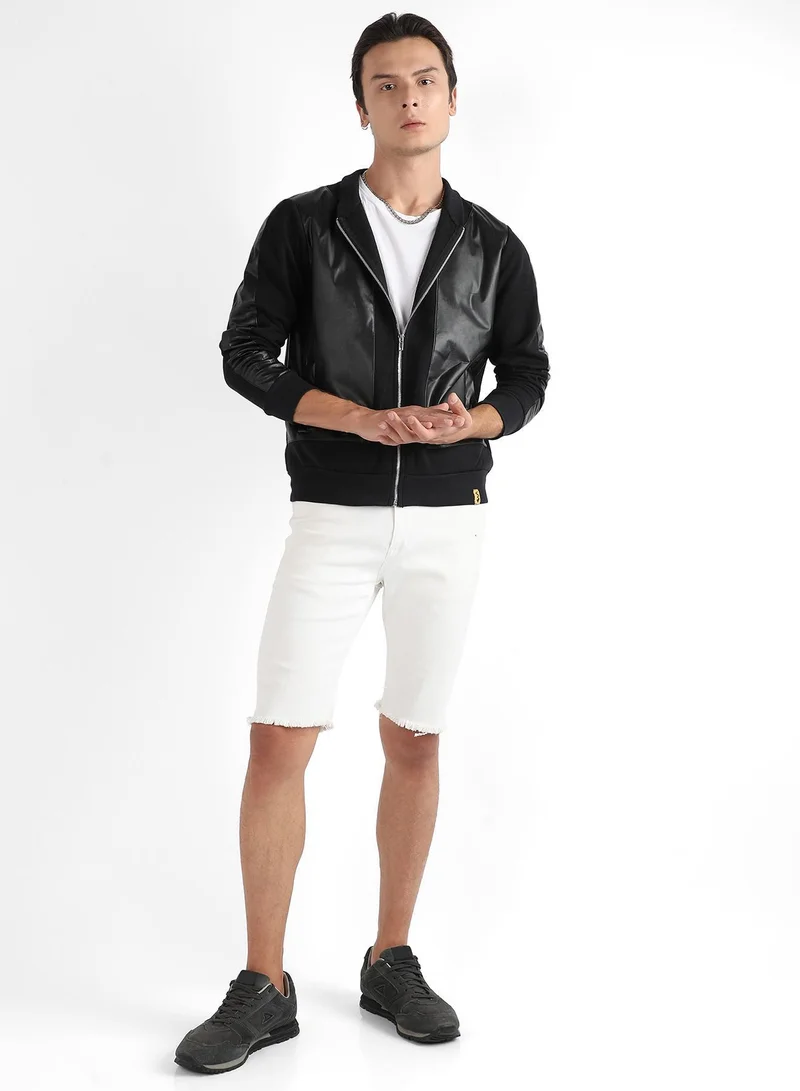 Campus Sutra  Men's Black Zip-Front Jacket With Ribbed Hem for Men | Best Price UAE