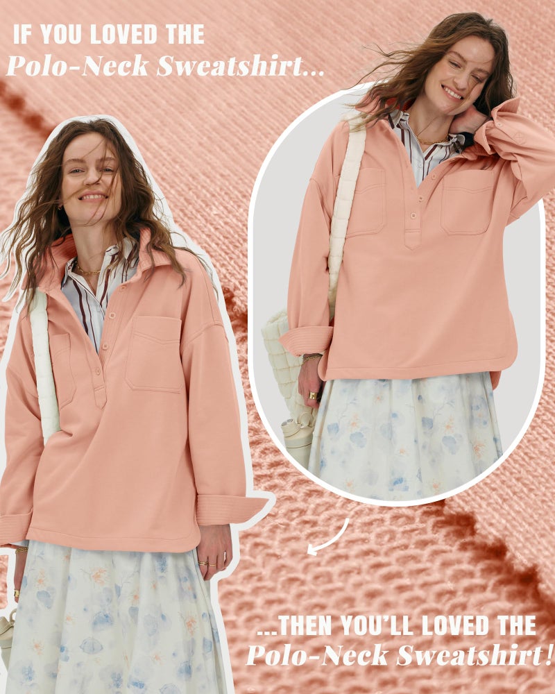 Locachy Women's Casual Oversized Polo Neck Sweatshirt Lapel Long Sleeve Button Pullover Tops Fashion Outfits Clothes Pink S - Image 5