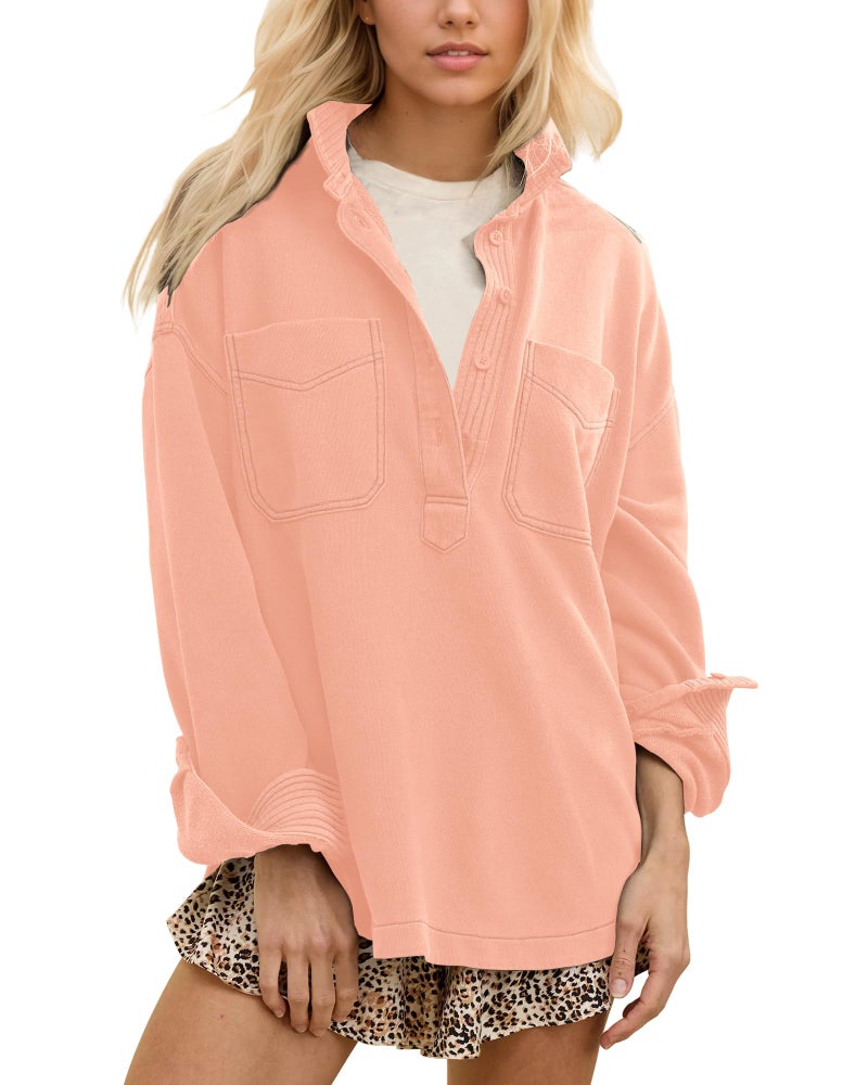 Locachy Women's Casual Oversized Polo Neck Sweatshirt Lapel Long Sleeve Button Pullover Tops Fashion Outfits Clothes Pink S - Image 1
