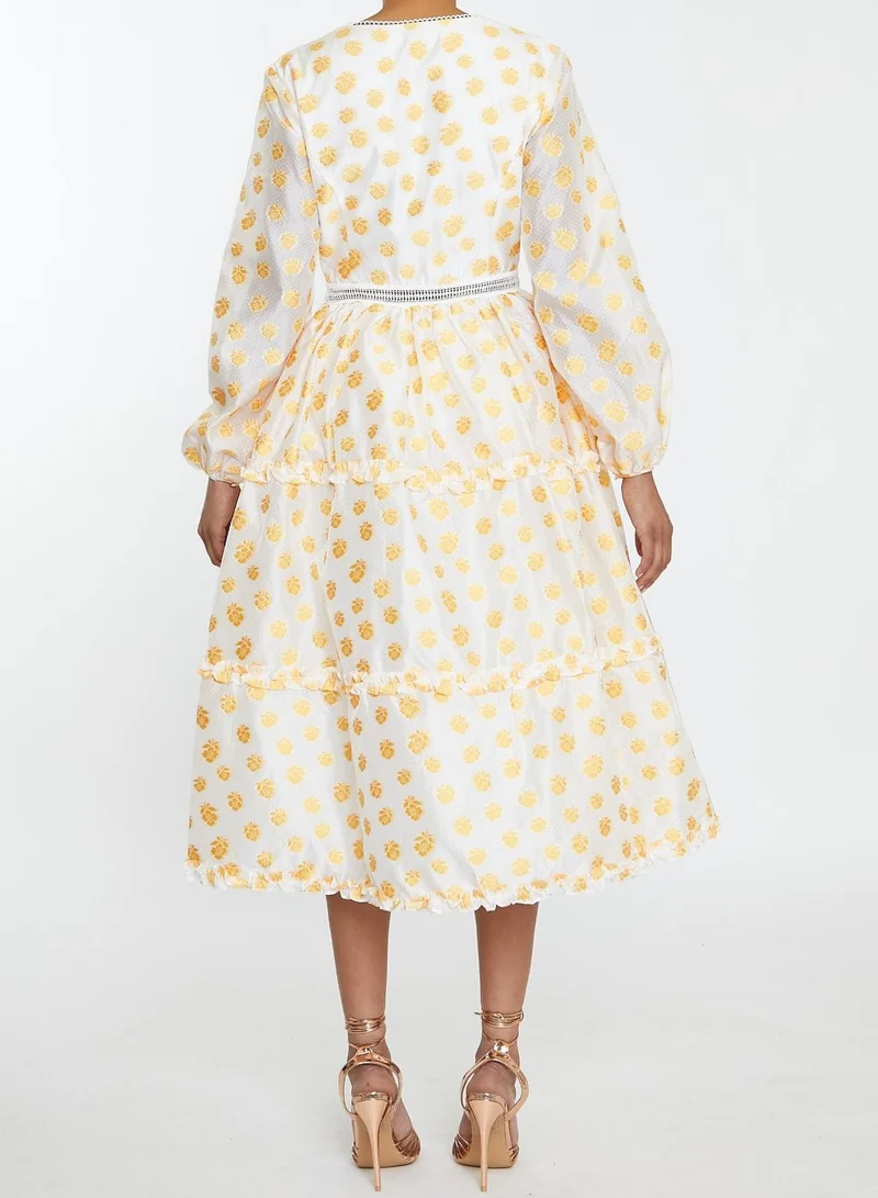 ترو ديكادينس Sunny Cream Mustard Jacquard Tiered Plunge Front Midi Dress