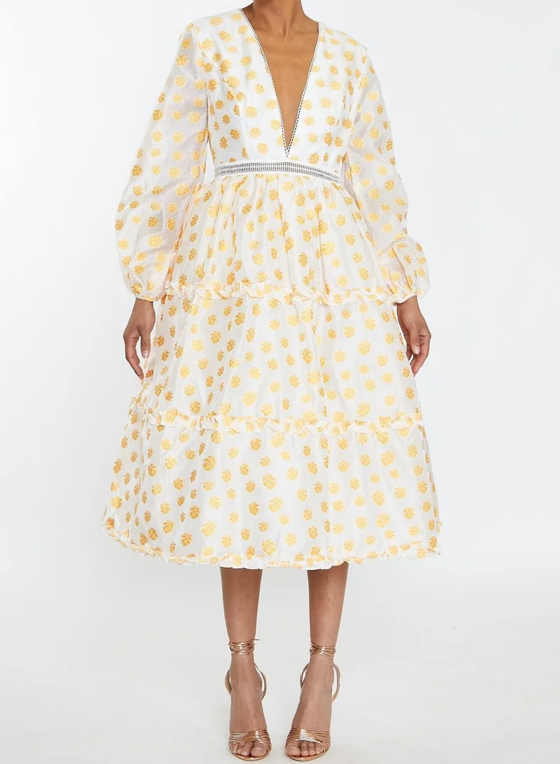 ترو ديكادينس Sunny Cream Mustard Jacquard Tiered Plunge Front Midi Dress
