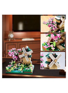 Y&D Architecture River Windmill Sakura Tree Plants Set Building Bricks Toy Trees Flowers for Girls, a Creative DIY Cherry Blossom Micro Block Model Kit Gift Kids and Adults (600 pcs with 2 Figure)  - Image 2