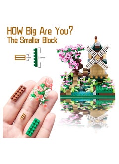 Y&D Architecture River Windmill Sakura Tree Plants Set Building Bricks Toy Trees Flowers for Girls, a Creative DIY Cherry Blossom Micro Block Model Kit Gift Kids and Adults (600 pcs with 2 Figure)  - Image 4