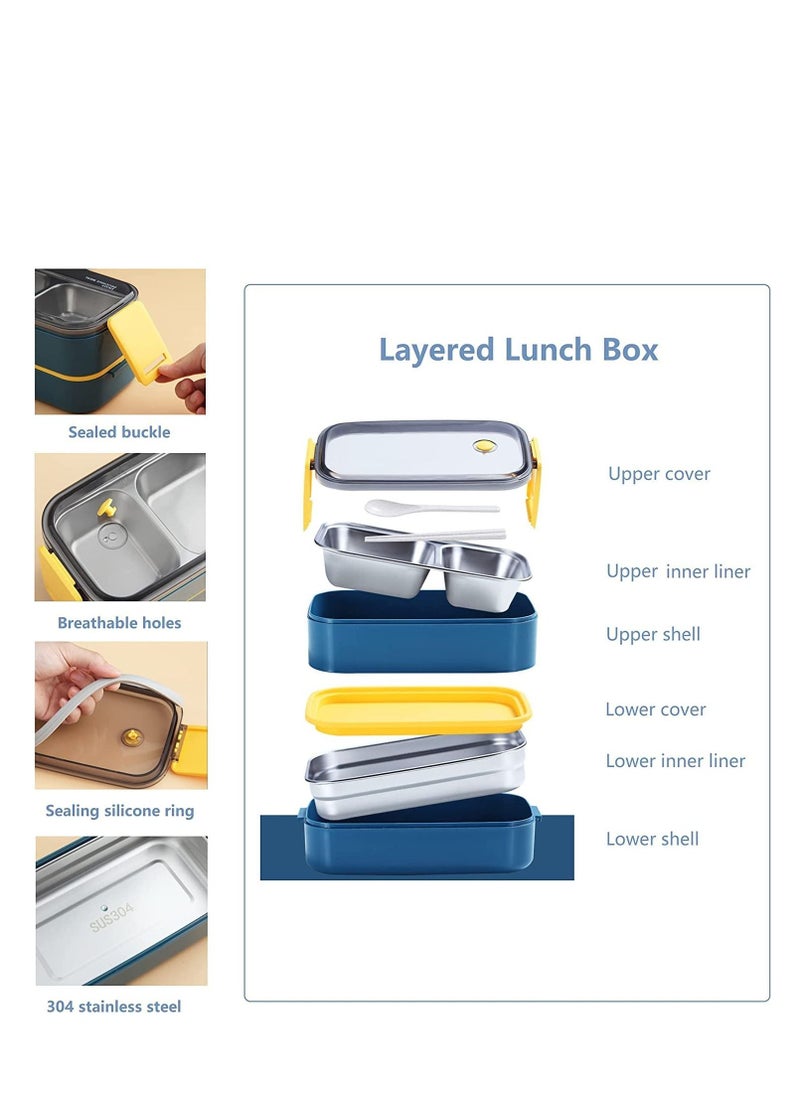 MahMir - Stainless Steel Lunch Box - Insulated Bento Box Multifunctional-Containers Lunch Box Containers with 2 Compartments & Tableware(304 stainless steel 2 compartments lunch box by MahMir (Light Blue) - Image 1