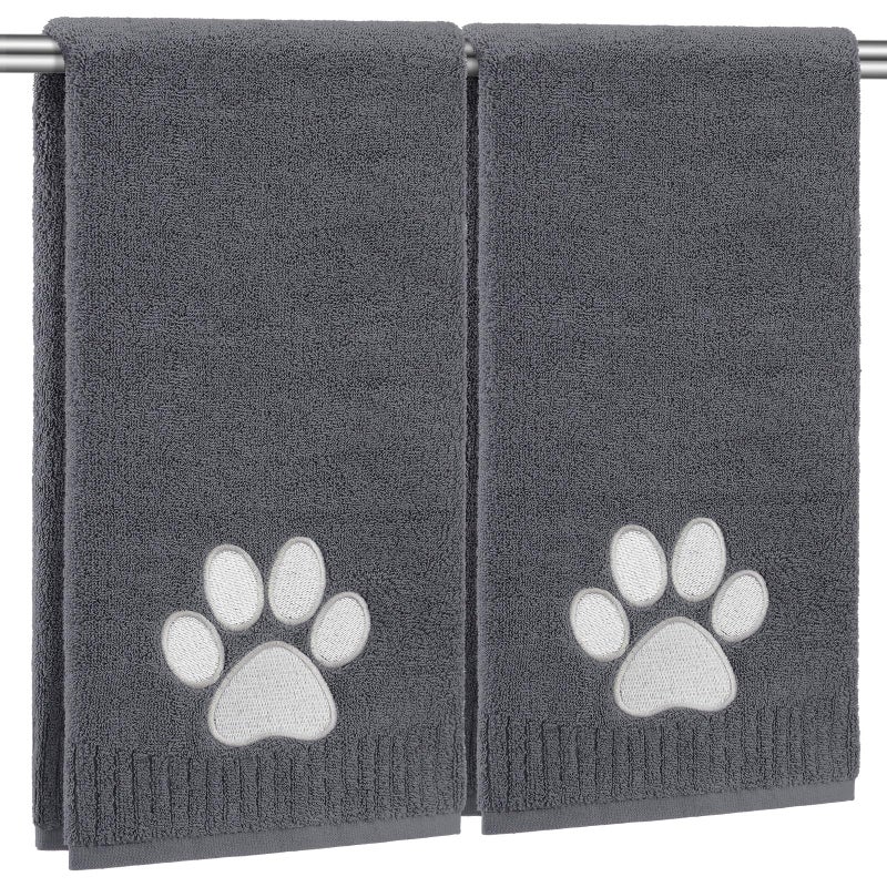 SmoothNovelty 2 Pcs Dog Paw Hand Towels Dark Grey Bathroom Decor 13 x 29 Inch 100% Cotton Embroidered Hand Towels Soft Absorbent Farmhouse for Kitchen Restroom - Image 1