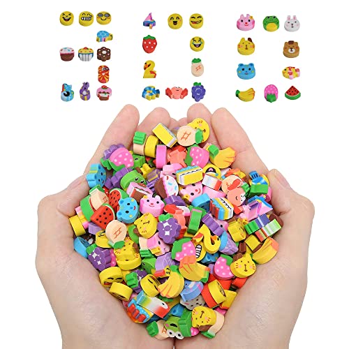 QDXATIVP 300PCS Mini Cute Pencil Erasers for Kids，Fun Fruits Animals Numbers Cakes Smiling Faces Assorted Novelty Erasers for Student Prize Homework Awards Party Gifts School Supplies(Animals and Fruits) - Image 1