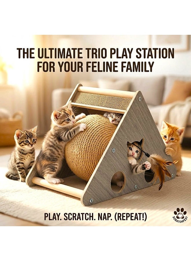 CozyPaws Cozy Paws Triangle Cat Scratcher House with Sisal Ball Toy & Corrugated Cardboard Scratch Pad – Interactive Play Tunnel & Hideaway for Cats 36×16×20 cm - Image 3