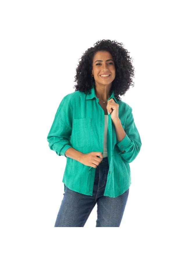 Andora Long Sleeves Textured Oversized Shirt - Green - Image 1