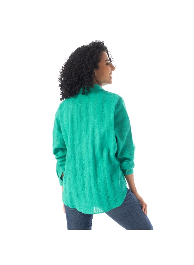 Andora Long Sleeves Textured Oversized Shirt - Green - Image 2