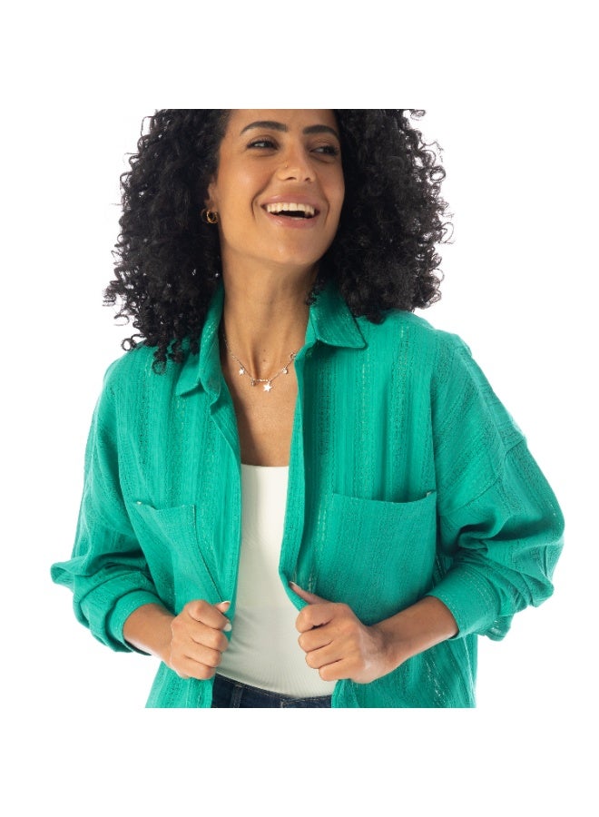 Andora Long Sleeves Textured Oversized Shirt - Green - Image 3