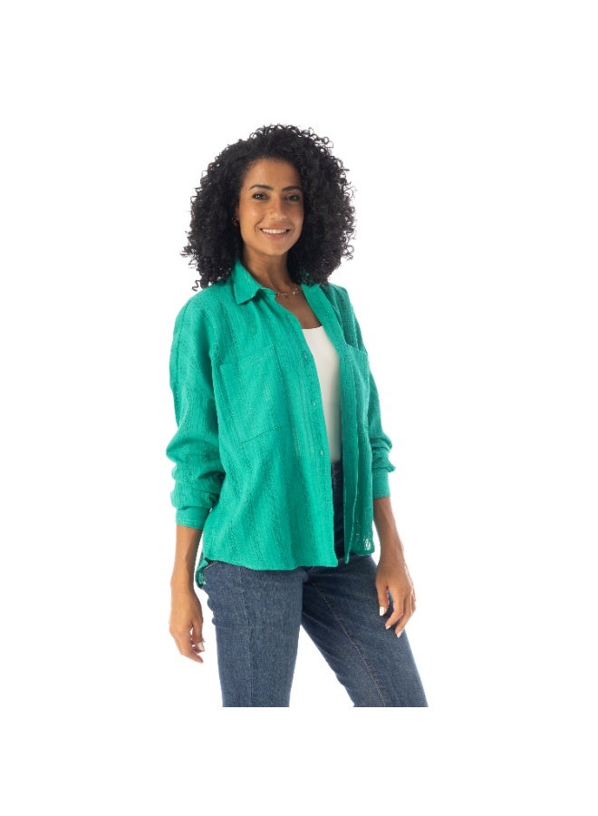 Andora Long Sleeves Textured Oversized Shirt - Green - Image 4
