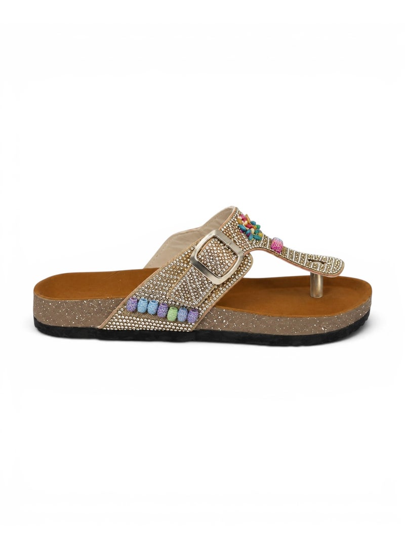 LIFESTYLISH Slippers Flat Leather With a toe cap studded with colorful stones SL-244 - Gold - Image 2