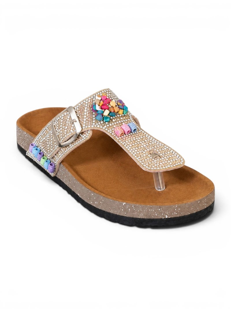 LIFESTYLISH Slippers Flat Leather With a toe cap studded with colorful stones SL-244 - Gold - Image 3
