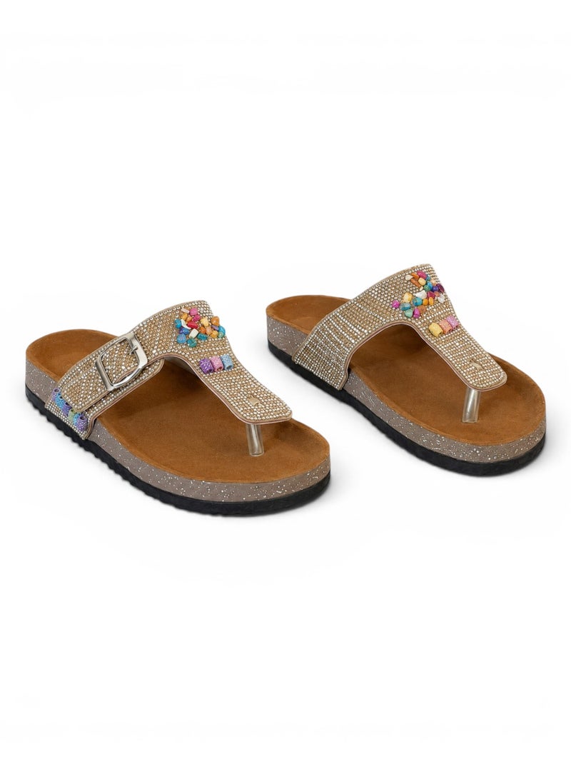 LIFESTYLISH Slippers Flat Leather With a toe cap studded with colorful stones SL-244 - Gold - Image 4