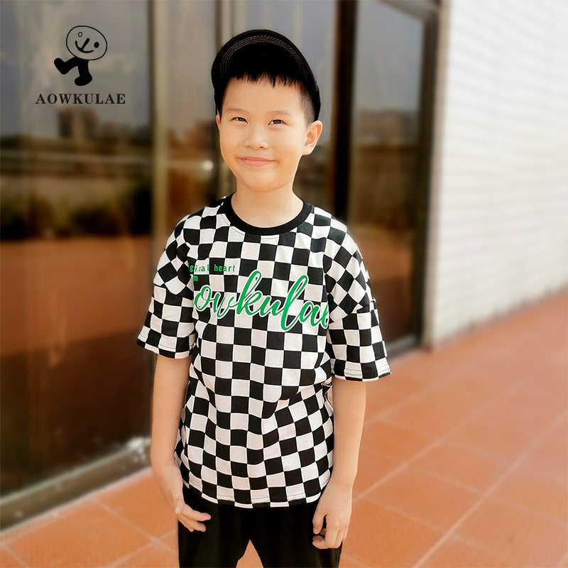 Boys Summer Korean New Children'S Wear Crew Neck Short Sleeve Girls Chessboard Top Children'S Half Sleeve T-Shirt - Image 3