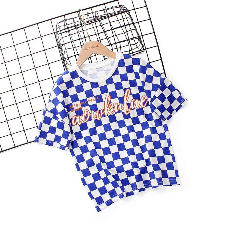 Boys Summer Korean New Children'S Wear Crew Neck Short Sleeve Girls Chessboard Top Children'S Half Sleeve T-Shirt - Image 1