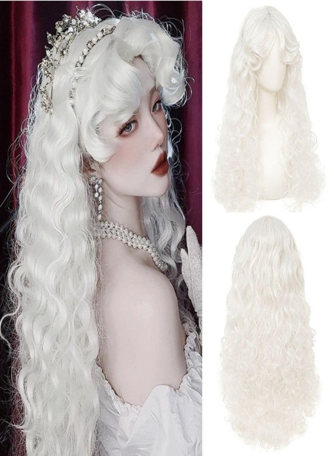 Tseses White Long Curly Wigs for Women Middle Part with Bangs Natural Synthetic Princess Hair Wig for Halloween Cosplay - Image 1