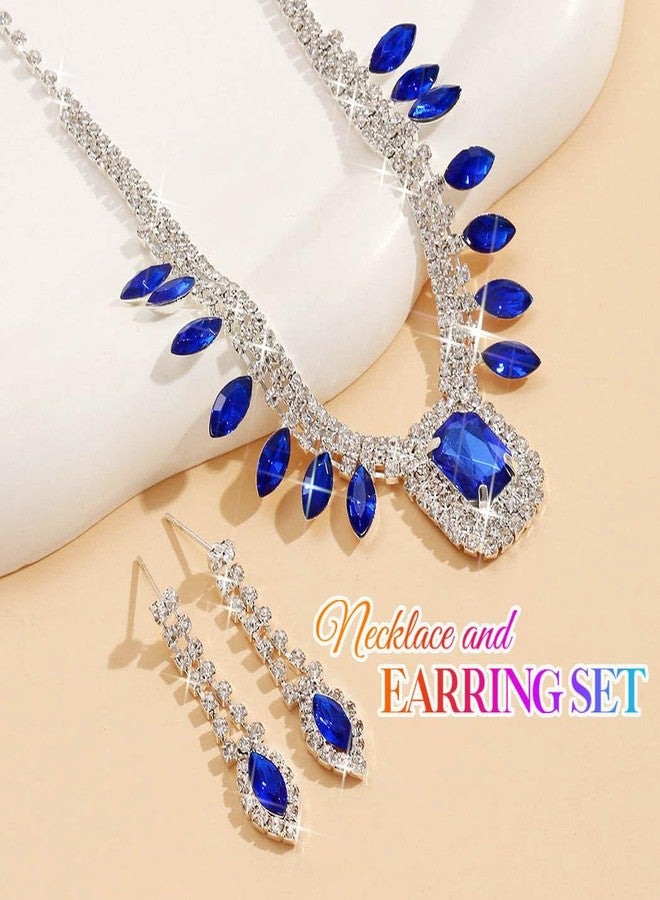 يونيكرا طقم مجوهرات زفاف مرصع بأحجار الراين من يونيكرا، طقم قلادة وأقراط فضية، طقم مجوهرات كريستالية رسمية لحفلات التخرج للنساء والعرائس (أزرق) - Image 3