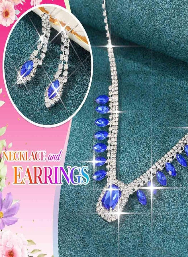 يونيكرا طقم مجوهرات زفاف مرصع بأحجار الراين من يونيكرا، طقم قلادة وأقراط فضية، طقم مجوهرات كريستالية رسمية لحفلات التخرج للنساء والعرائس (أزرق) - Image 5