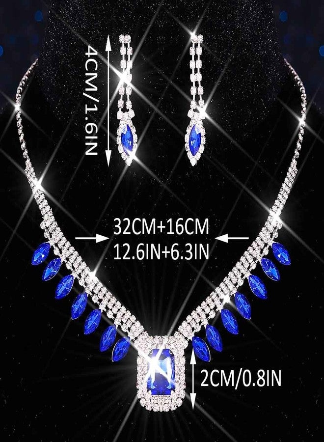 يونيكرا طقم مجوهرات زفاف مرصع بأحجار الراين من يونيكرا، طقم قلادة وأقراط فضية، طقم مجوهرات كريستالية رسمية لحفلات التخرج للنساء والعرائس (أزرق) - Image 2