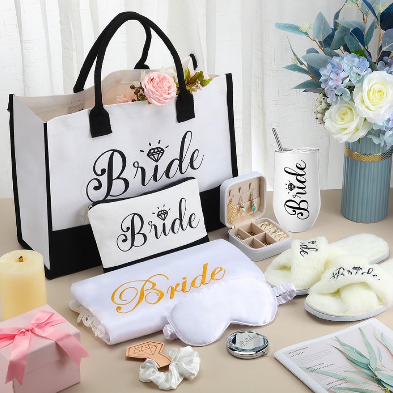 JaGely 9 Pcs Bride Gifts Set Bride Shower Bachelorette Gifts with Wine Tumbler Robe Bag Eyemask Scrunchie Jewelry Box (White,Bride) - Image 4