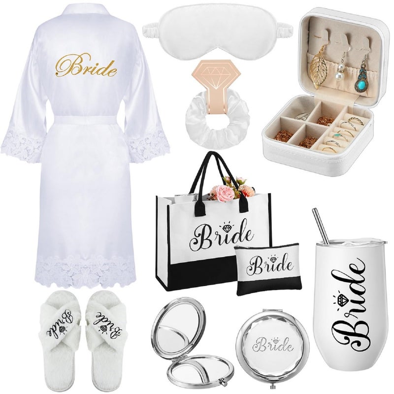 JaGely 9 Pcs Bride Gifts Set Bride Shower Bachelorette Gifts with Wine Tumbler Robe Bag Eyemask Scrunchie Jewelry Box (White,Bride) - Image 1