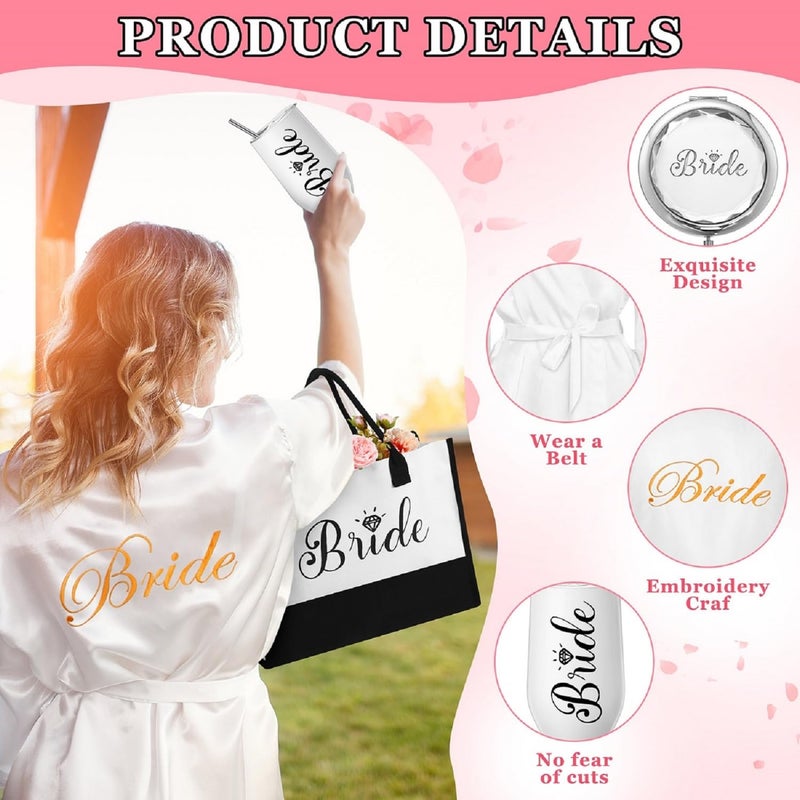 JaGely 9 Pcs Bride Gifts Set Bride Shower Bachelorette Gifts with Wine Tumbler Robe Bag Eyemask Scrunchie Jewelry Box (White,Bride) - Image 3
