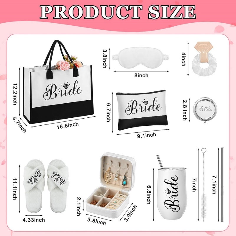 JaGely 9 Pcs Bride Gifts Set Bride Shower Bachelorette Gifts with Wine Tumbler Robe Bag Eyemask Scrunchie Jewelry Box (White,Bride) - Image 2