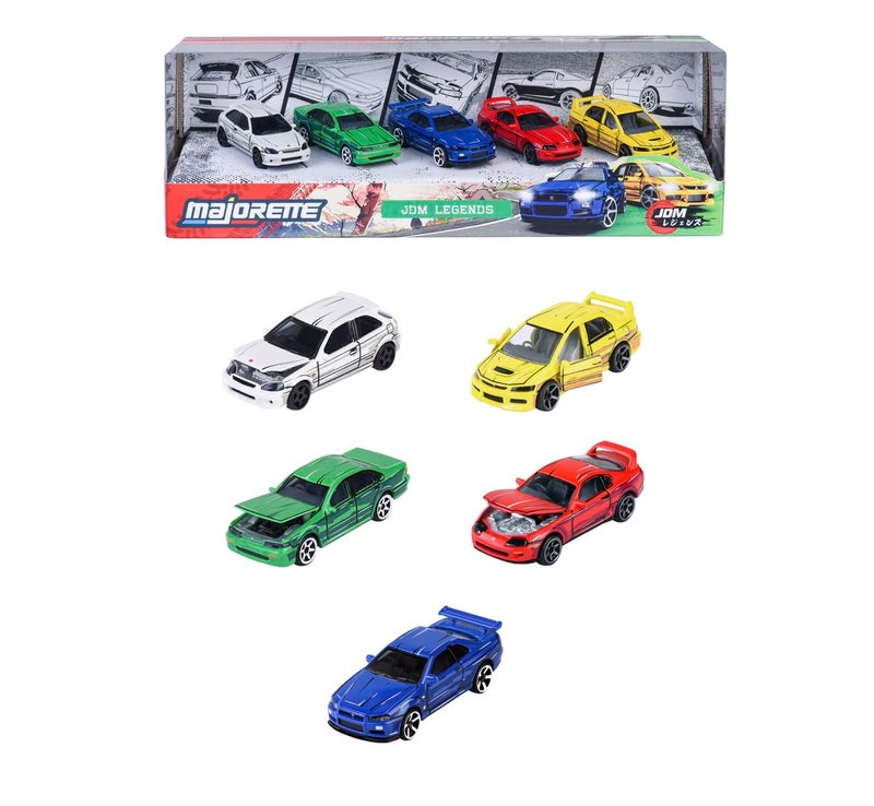 Majorette JDM Legends Anime 5 Pieces Giftpack | 5 Metal Cars, 7.5 cm | Freewheel & Opening Parts | Honda Civic, Nissan Cefiro, Skyline GT-R, Toyota Supra, Lancer Evo | Anime-Style | for Children 3+ - Image 1