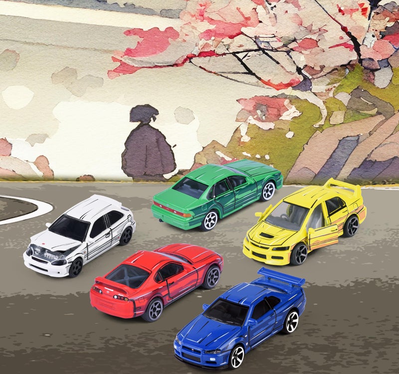 Majorette JDM Legends Anime 5 Pieces Giftpack | 5 Metal Cars, 7.5 cm | Freewheel & Opening Parts | Honda Civic, Nissan Cefiro, Skyline GT-R, Toyota Supra, Lancer Evo | Anime-Style | for Children 3+ - Image 3