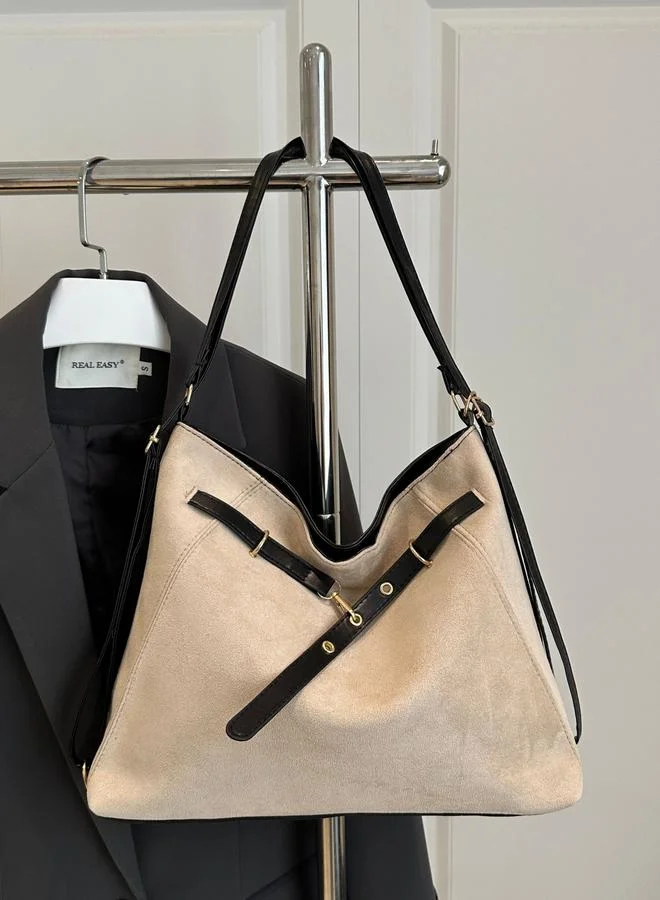 Take Two Beige Shoulder Bag with Belt Strap Detail