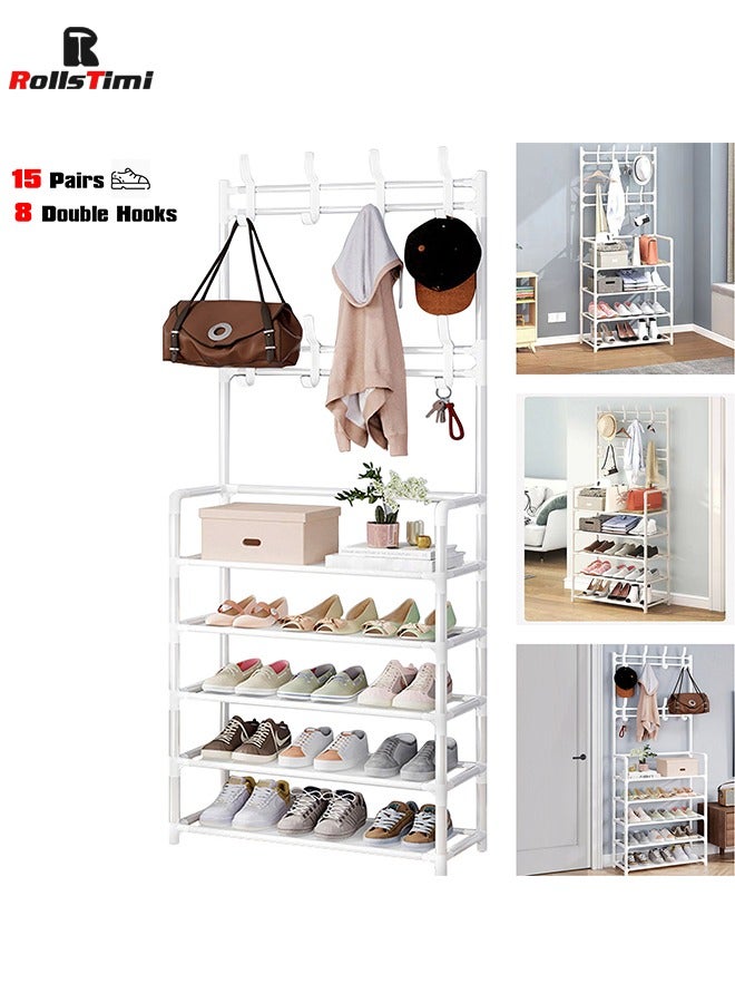 RollsTimi  Coat and Shoe Rack Entryway 3-in-1 Metal Hall Tree with 5-Tier Shelf and 8 Hooks, Simple and Narrow Coat Racks Free Standing,White 60x26x172cm - Image 3