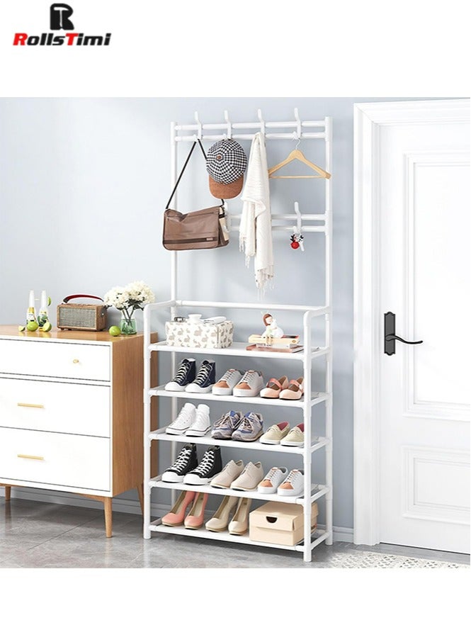 RollsTimi  Coat and Shoe Rack Entryway 3-in-1 Metal Hall Tree with 5-Tier Shelf and 8 Hooks, Simple and Narrow Coat Racks Free Standing,White 60x26x172cm - Image 2