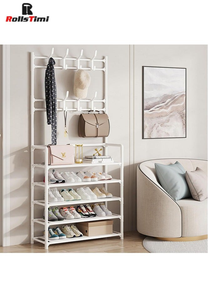 RollsTimi  Coat and Shoe Rack Entryway 3-in-1 Metal Hall Tree with 5-Tier Shelf and 8 Hooks, Simple and Narrow Coat Racks Free Standing,White 60x26x172cm - Image 1