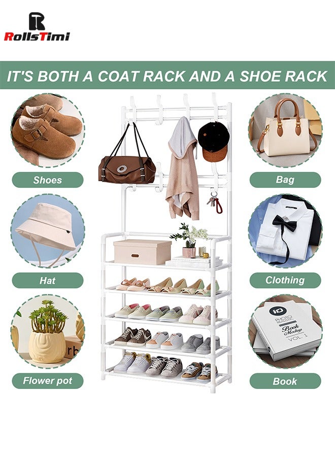 RollsTimi  Coat and Shoe Rack Entryway 3-in-1 Metal Hall Tree with 5-Tier Shelf and 8 Hooks, Simple and Narrow Coat Racks Free Standing,White 60x26x172cm - Image 4