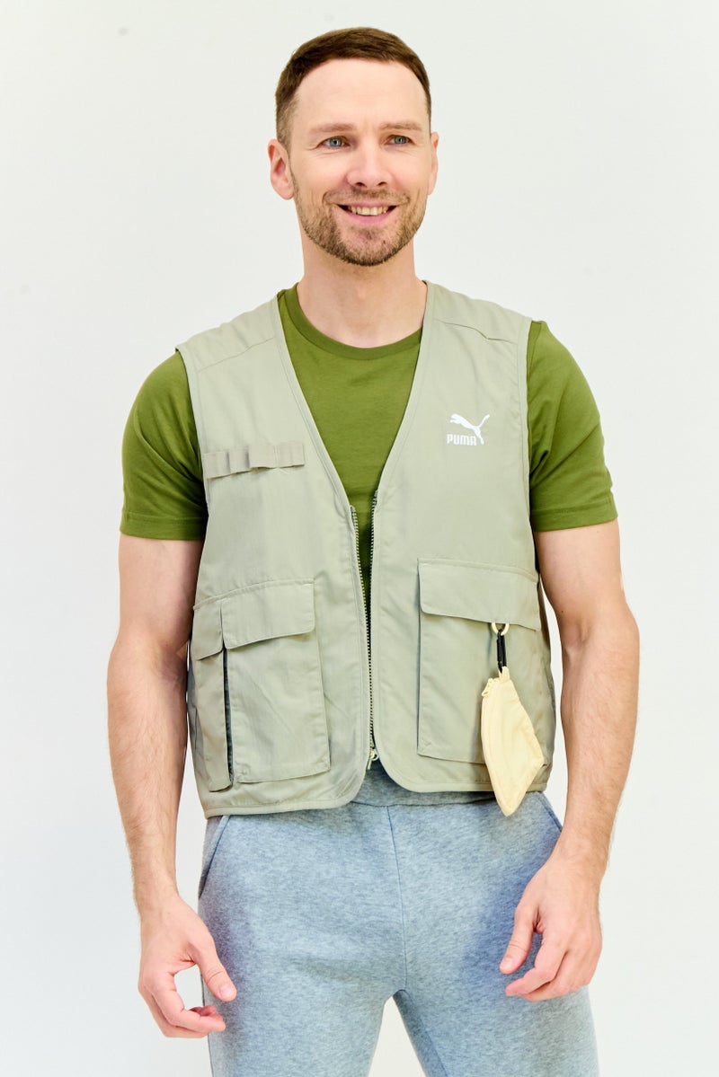 PUMA Men Relaxed Fit Embroidered Logo Outdoor Vest With Pouch, Sage Green  - Image 1