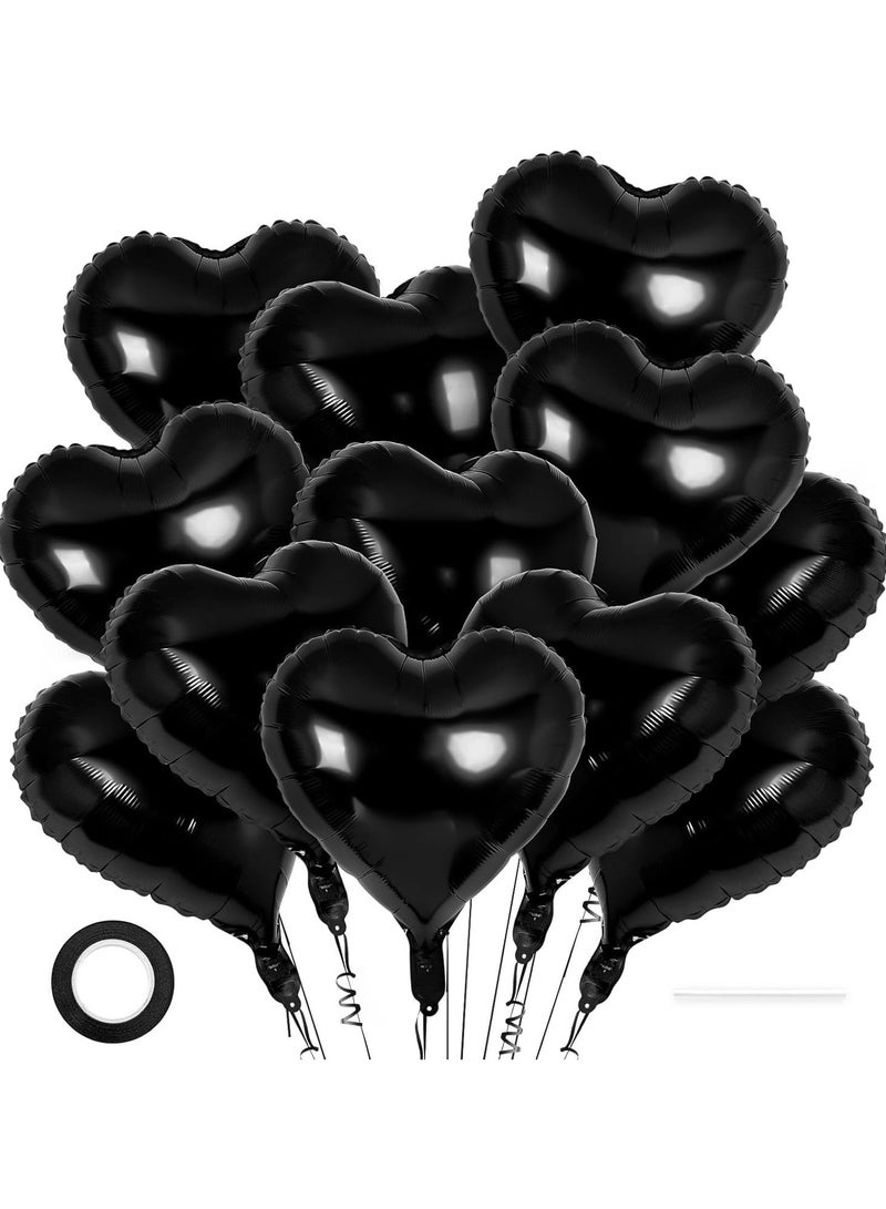 12 Black Heart Balloons, 18 Inch Heart Foil Balloons, Black Birthday Decoration, Love Balloons, Birthday Party, Wedding, Baby Shower, Valentine's Day Decoration Balloons (Black) - Image 1