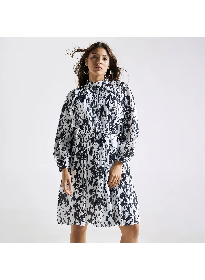 Splash FAV All-Over Print Dress with High Neck and Tie-Ups
