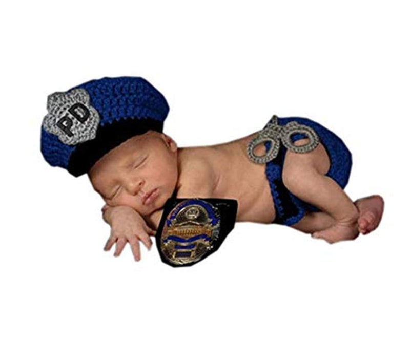 Pinbo Newborn Baby Boys Photography Prop Crochet Knitted Police Hat Diaper One Size - Image 1