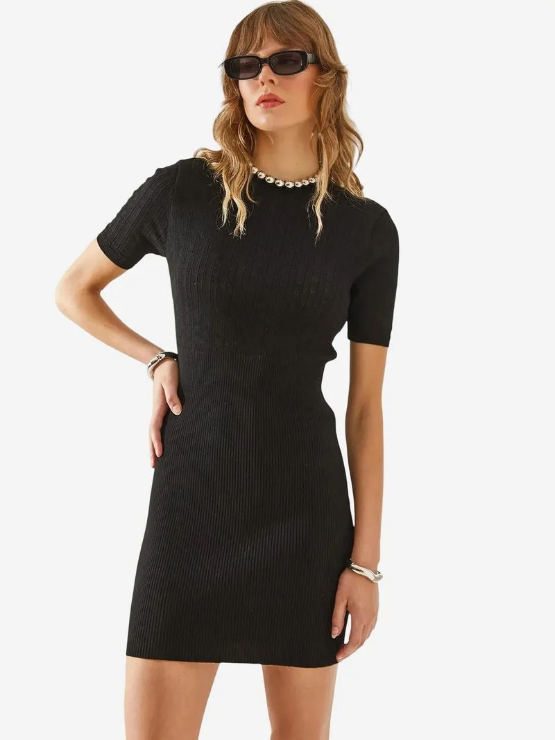 Bianco Lucci LUCCI Slim Fit Knitwear Midi Dress with Crew Neck